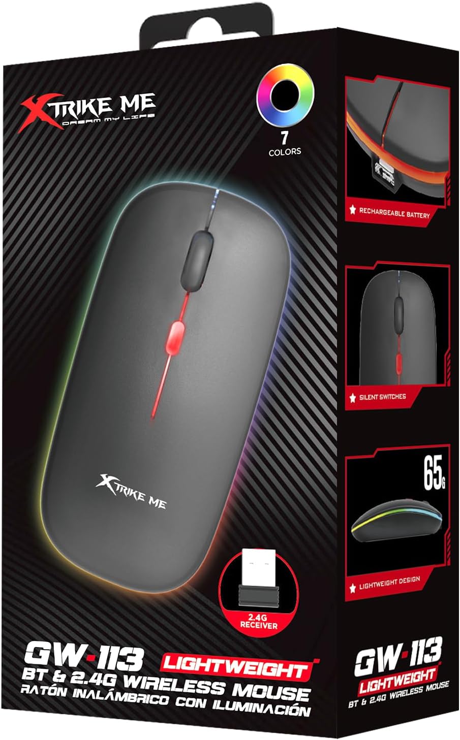 xtrike me GW-113 Wireless Dual Modes Mouse, Ergonomic Design, Adjustable DPI, Silent Clicks, Rechargeable Battery, Windows/Mac/Android Compatible, Lightweight, Black