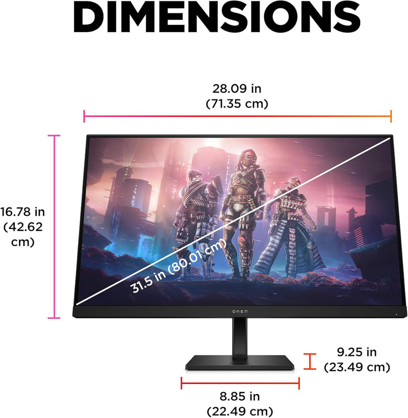 HP OMEN 32q Gaming Monitor, 31.5 Inch, 2560 x 1440 (QHD), IPS, Flat, 165Hz, 1ms, 400 nits, FreeSync Premium, DisplayPort and 2x HDMI 2.0, Eyesafe certified, Black