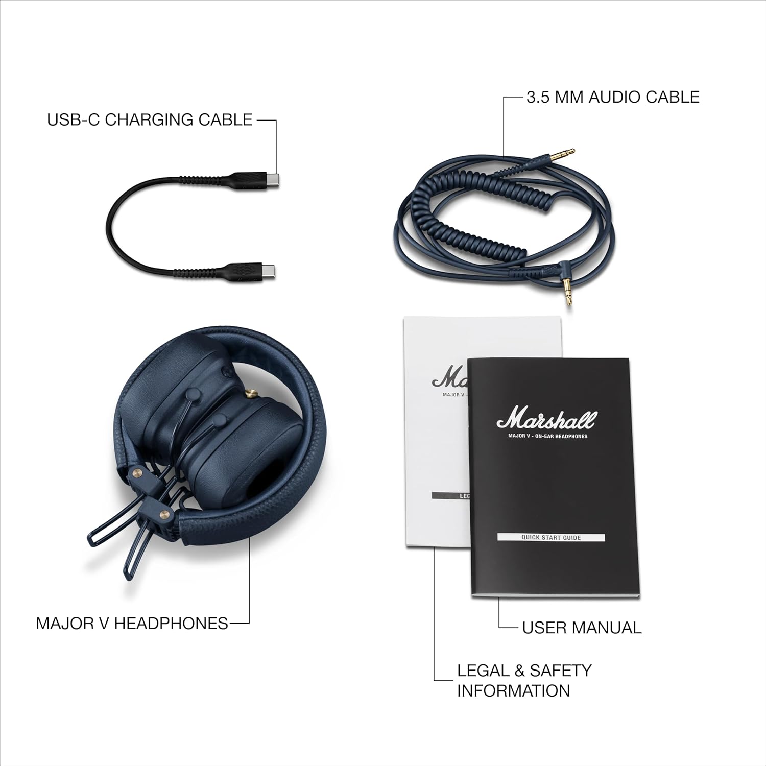 Marshall Major V Wireless On-Ear Bluetooth Headphones - 100+ Hr Playtime - Detachable Audio Cable - Microphone for Calls - Lightweight, Foldable Design for Travel - Midnight Blue