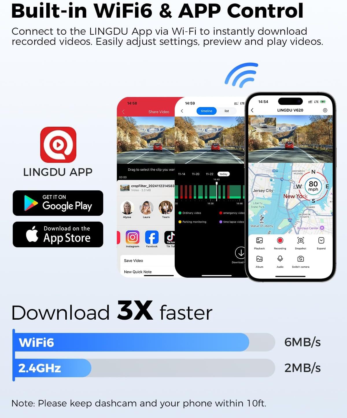 Lingdu V620 4K Front and Rear Dash Cam – WiFi6, 4K+1K HDR, 64GB Card Included, Voice Control, ADAS, GPS, Night Vision, Motion Detection, 24H Parking Mode, Upgraded Timeline Playback APP