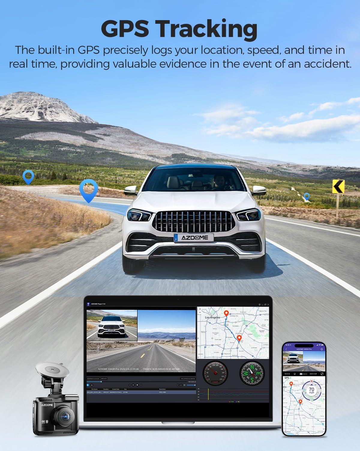AZDOME GS63H Pro 4K Dual‑Channel Dash Cam – Front 4K + Rear 1080p, Sony IMX335 WDR, GPS, Wi‑Fi 6, ADAS, 24‑hr Parking Mode, 2.4″ IPS Screen