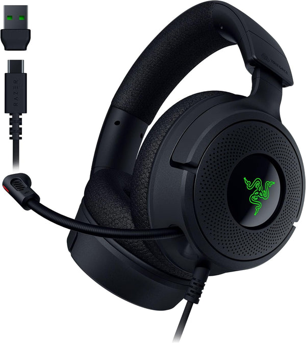 سماعة رأس سلكية للألعاب Razer Kraken V4 X (مشغلات TriForce مقاس 40 مم، ميكروفون قلبي الشكل قابل للسحب، صوت محيطي 7.1، Chroma RGB، لأجهزة الكمبيوتر الشخصية ووحدات التحكم والهواتف عبر USB-C) باللون الأسود 