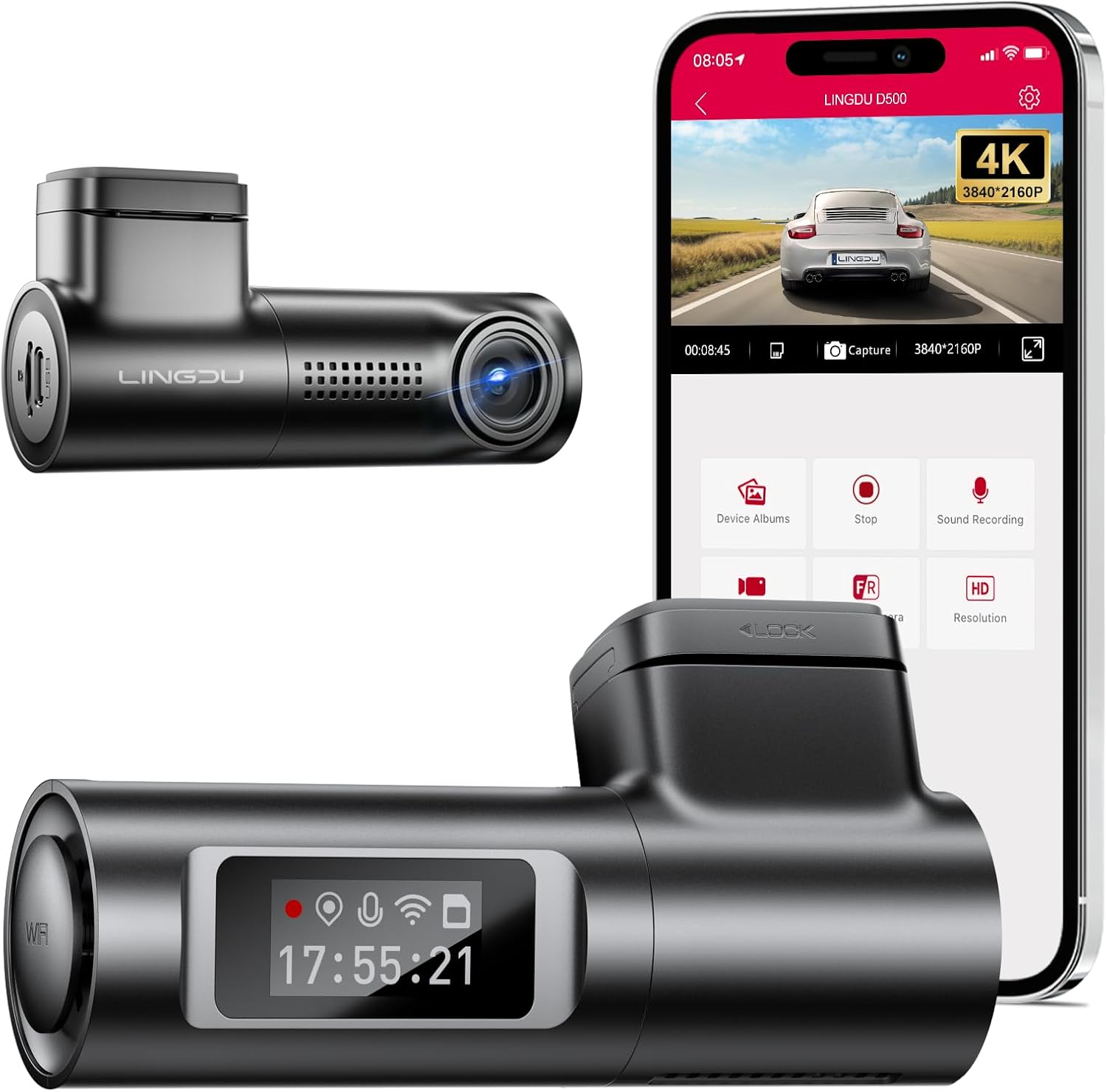 Lingdu D500 4K Smart Dash Cam – Front Car Camera with WiFi & GPS, 0.96" LCD Display, Night Vision, WDR, Parking Mode, Loop Recording, G-Sensor, 150° Wide Angle