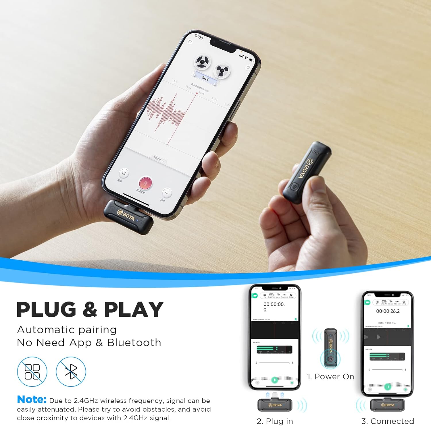 BOYA BY-WM3T2-D1 Wireless Lavalier Microphone for iPhone & iPad , 2.4GHz Wireless , Lightning Receiver , Omnidirectional Mic , Noise Cancellation , 50m Range , 10H Battery Life , Plug & Play