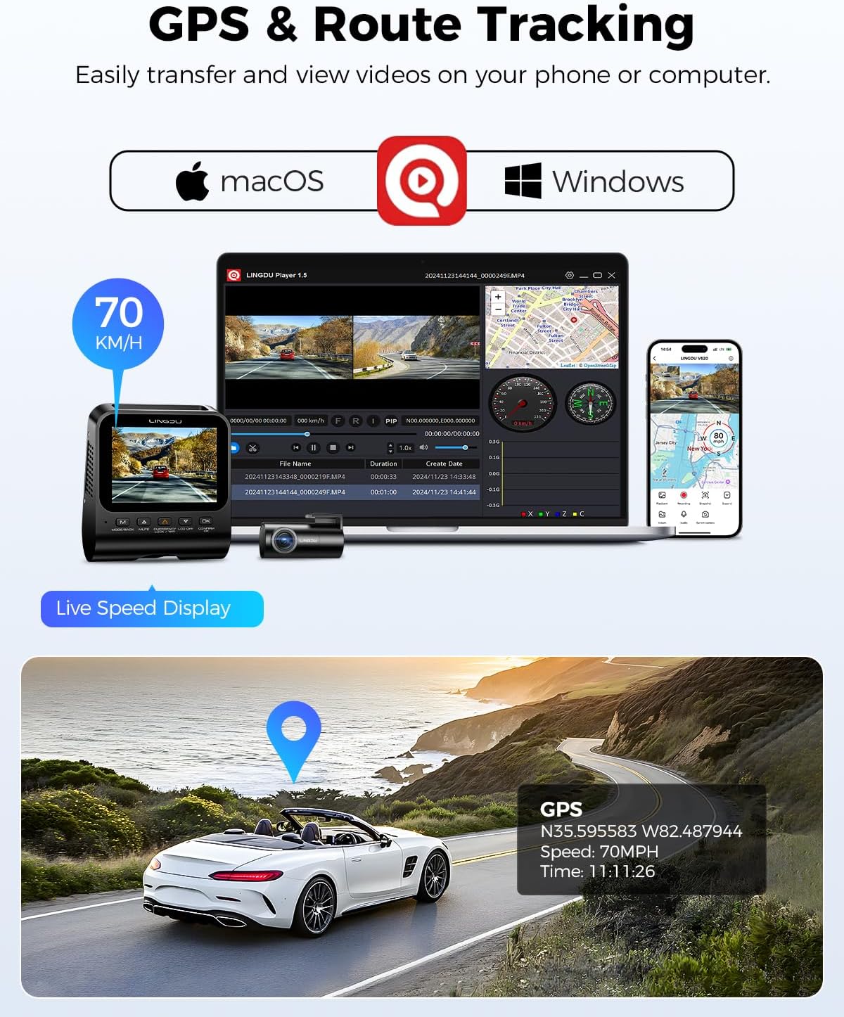 Lingdu V620 4K Front and Rear Dash Cam – WiFi6, 4K+1K HDR, 64GB Card Included, Voice Control, ADAS, GPS, Night Vision, Motion Detection, 24H Parking Mode, Upgraded Timeline Playback APP