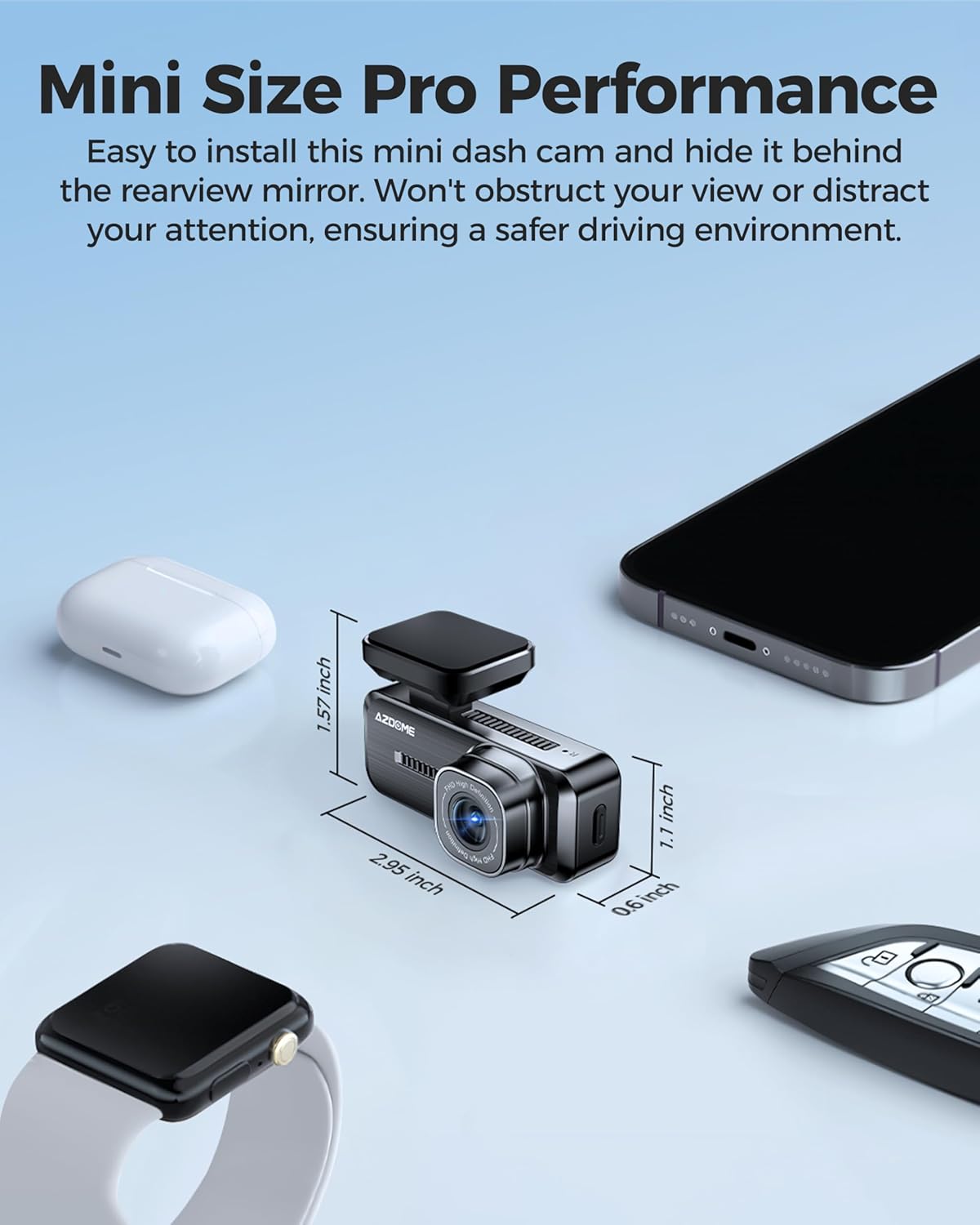 AZDOME M200 1080P WiFi Mini Dash Cam – Hidden Front Car Camera with Night Vision, G-Sensor, 24H Parking Mode, Loop Recording, AZDOME App Support, Up to 128GB