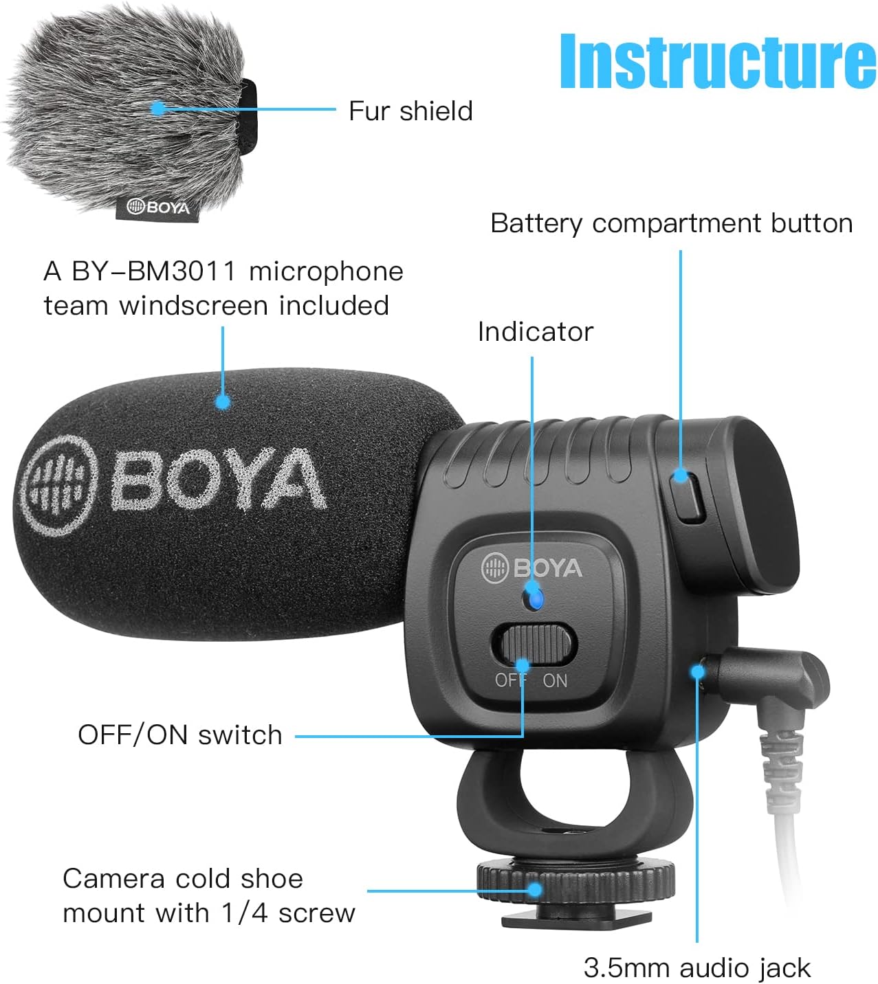 Boya BY-BM3011 Shotgun Microphone for Cameras and Camcorders - Super Cardioid with Shockproof Foam Deadcat Windshield