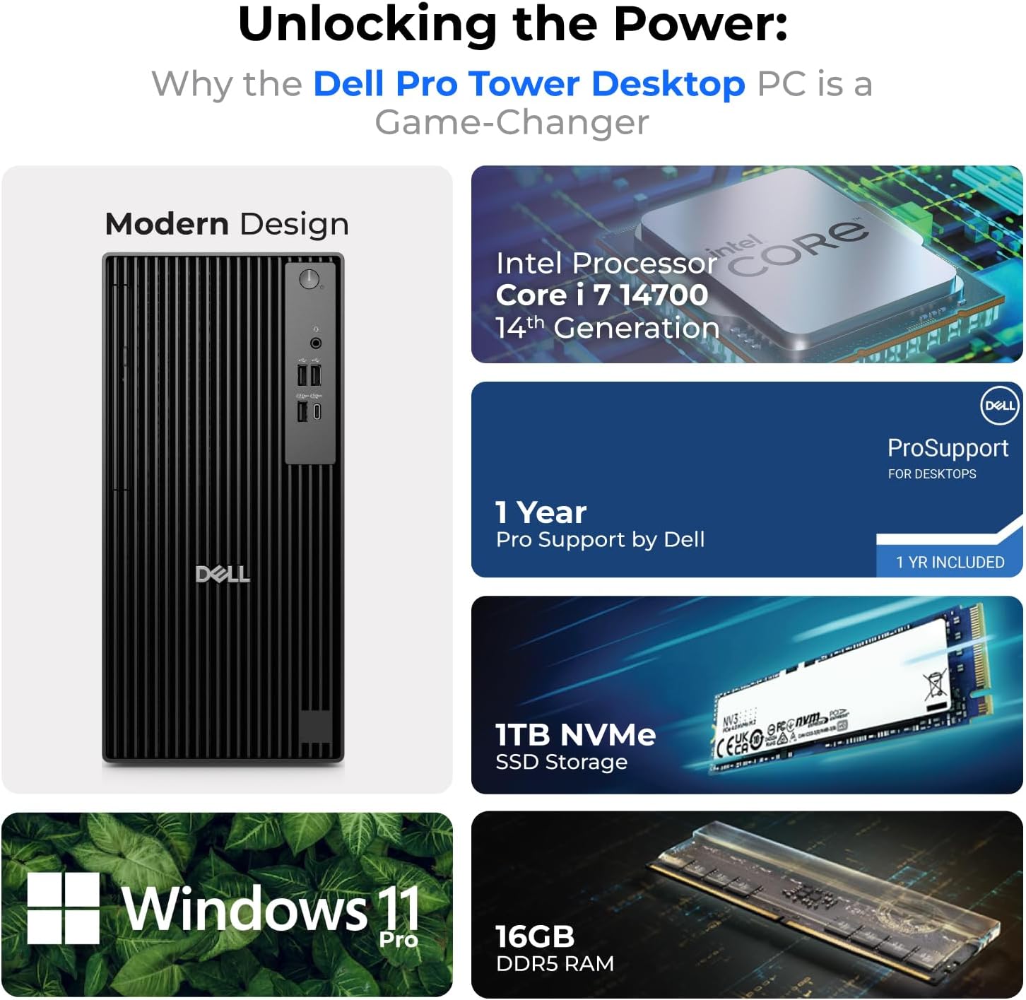 كمبيوتر مكتبي ديل برو تاور QCT1250 - إنتل i7-14700 - ذاكرة وصول عشوائي 16 جيجابايت - قرص صلب ثابت 1 تيرابايت - مشاركة - ويندوز 11 برو