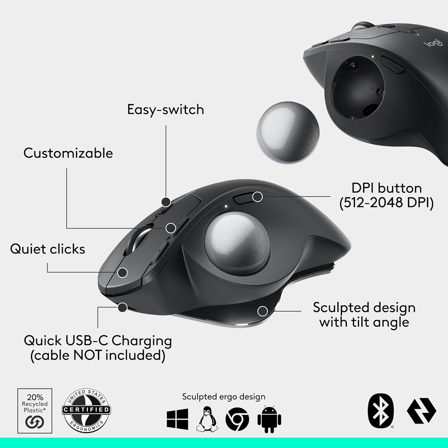 ماوس كرة التتبع اللاسلكي Logitech MX Ergo S Advanced - إمالة 20 درجة، قابل لإعادة الشحن عبر USB-C، 6 أزرار مخصصة، بلوتوث/مسامير مزدوجة، دقة 512-2048 نقطة في البوصة