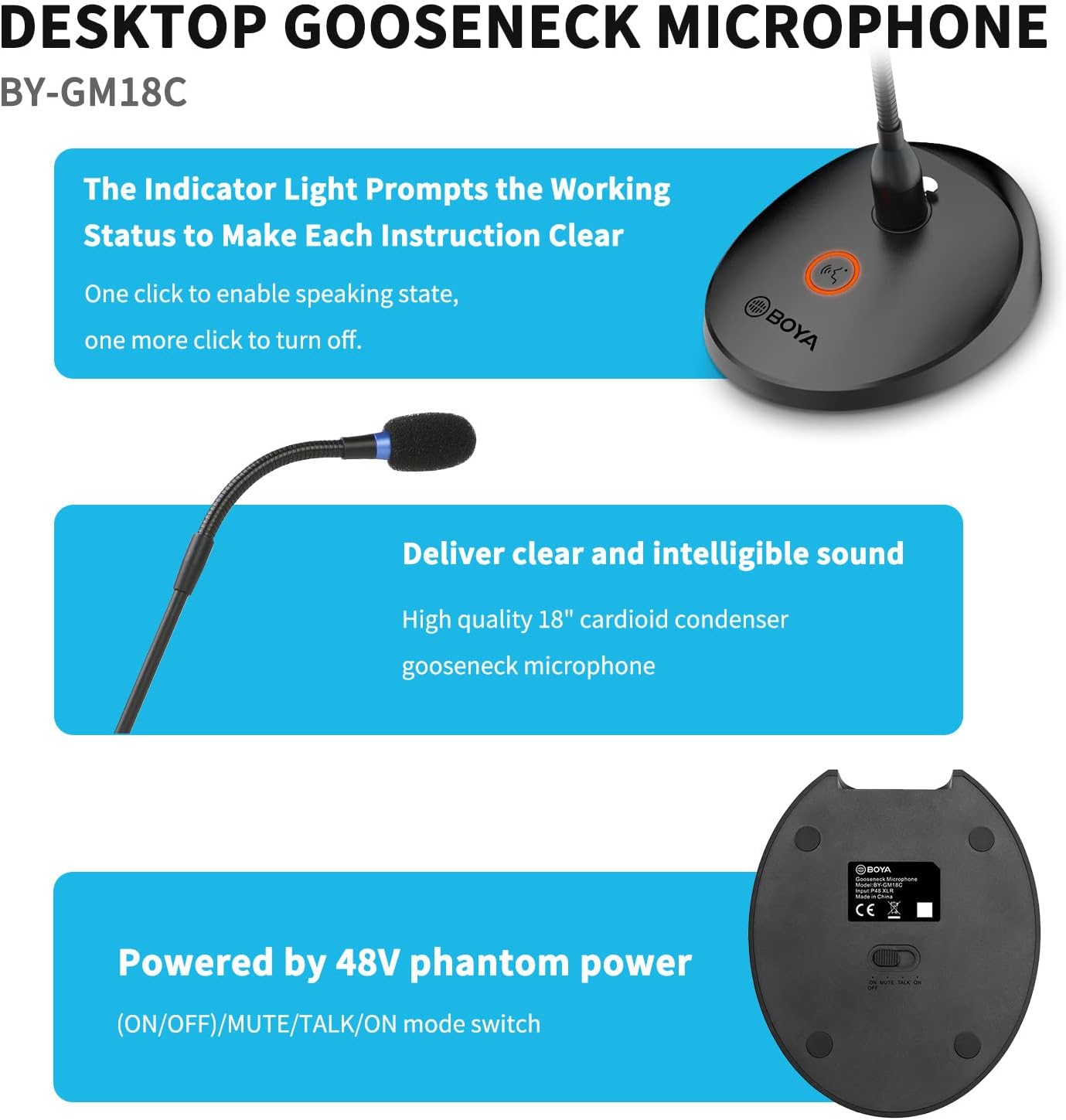 BOYA BY-GM18C 18" Desktop Gooseneck Condenser Microphone – Podium Mic with Mute Button, LED Indicator, XLR Connection, for Meetings, Video Conferences, Streaming & Lectures