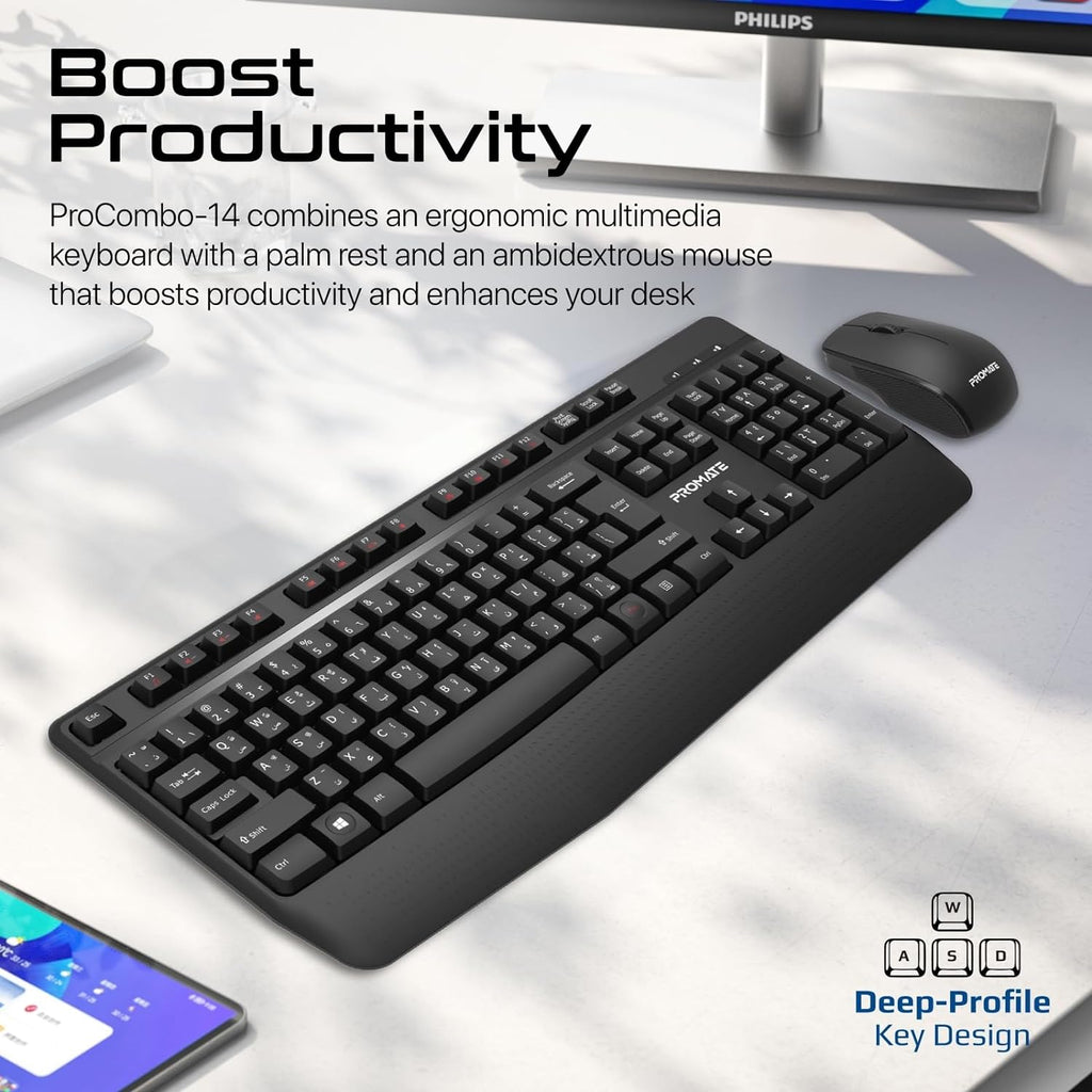 Promate Wireless Keyboard and Mouse Combo, 2.4GHz Wireless with Built-