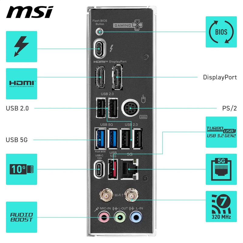 MSI Z890 GAMING PLUS WIFI Motherboard, ATX - Supports Intel Core Ultra Processors (Series 2), LGA 1851 - DDR5 Memory Boost 9200+MT/s OC, 1 x PCIe 5.0 x16, 1 x M.2 Gen5, Intel Killer 5G LAN, Wi-Fi 7