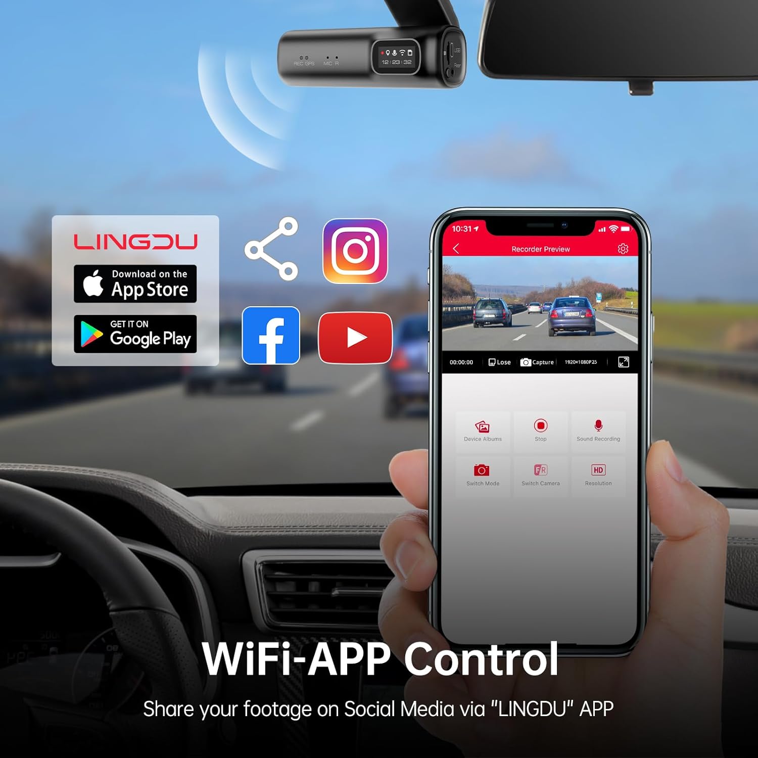 Lingdu D200 2K Dash Cam Front and Rear – Built-in GPS & WiFi, 0.96" LCD Screen, 64GB SD Card Included, Night Vision, Voice Control, Parking Monitor, Loop Recording, G-Sensor