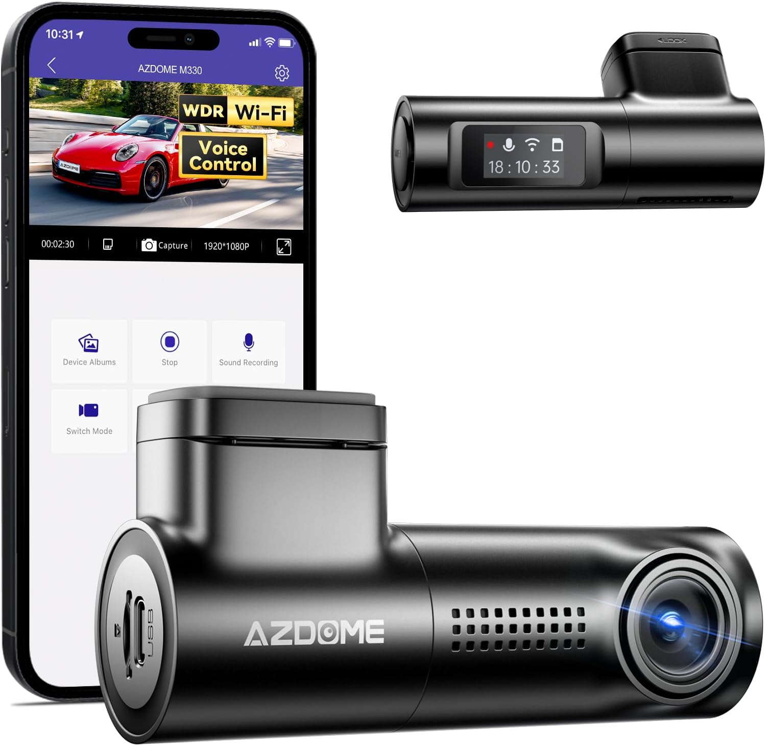 AZDOME M330 1080P WiFi Dash Cam – Front Car Camera with 0.96" Screen, Voice Control, Night Vision, G-Sensor, 24H Parking Mode, Loop Recording, Supports up to 128GB