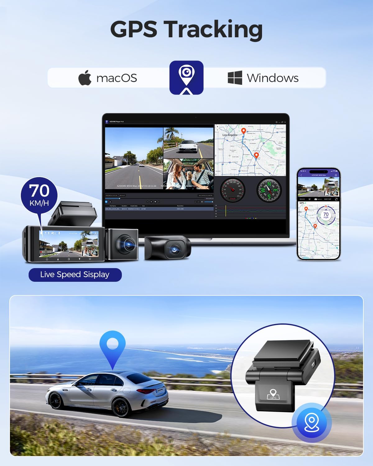AZDOME M550 Max 3-Channel 4K Dash Cam, 4K Front + 2.5K Rear + 1080P Interior, Dual STARVIS Sensors, Wi-Fi, GPS, IR Night Vision, WDR, G-Sensor, 64GB Card Included