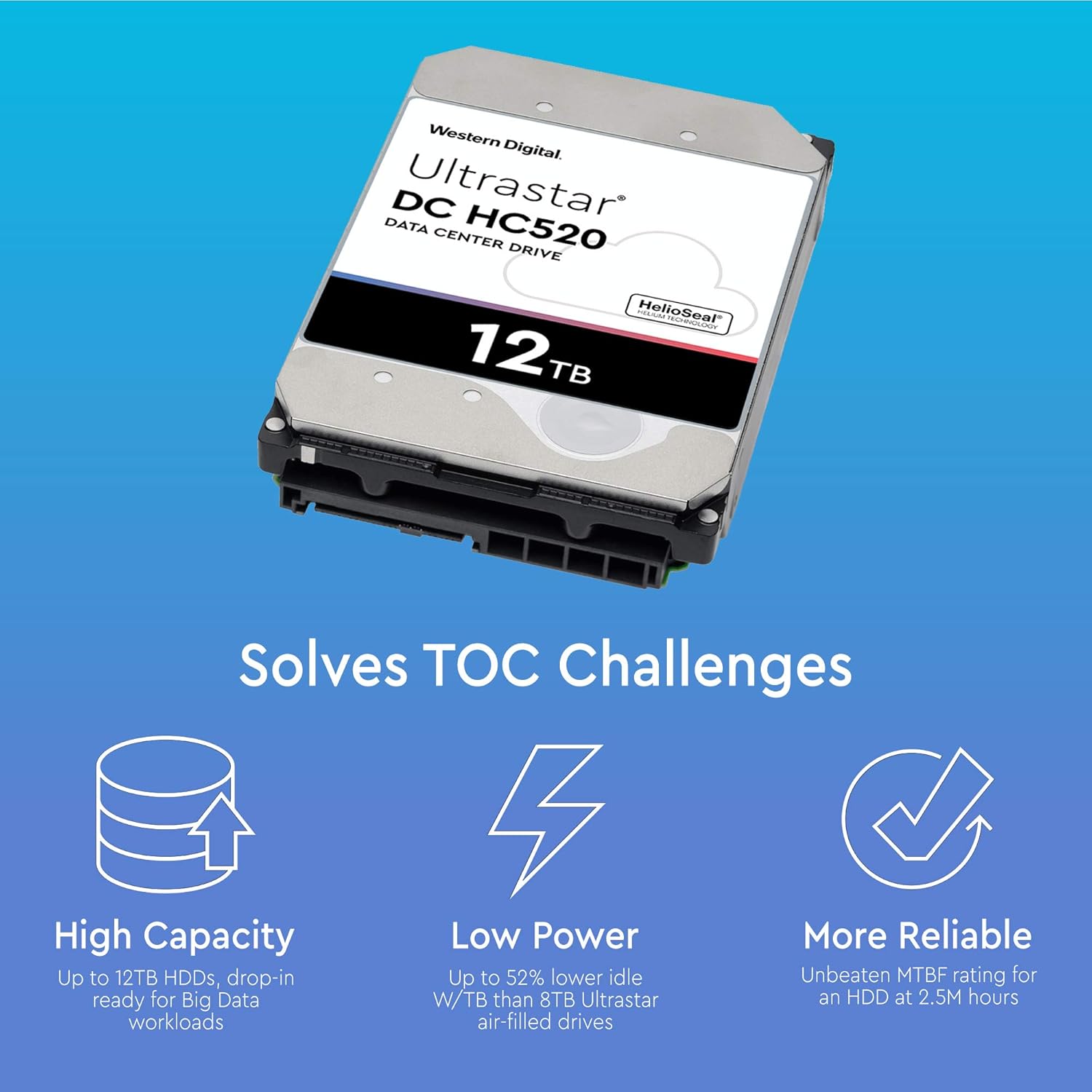 قرص صلب داخلي WD Ultrastar DC HC520 بسعة 12 تيرابايت، مقاس 3.5 بوصة، سرعة 7200 دورة في الدقيقة، واجهة SATA بسرعة 6 جيجابت/ثانية، ذاكرة تخزين مؤقت 256 ميجابايت، تخزين مركز بيانات مملوء بالهيليوم، الطراز HUH721212ALE600