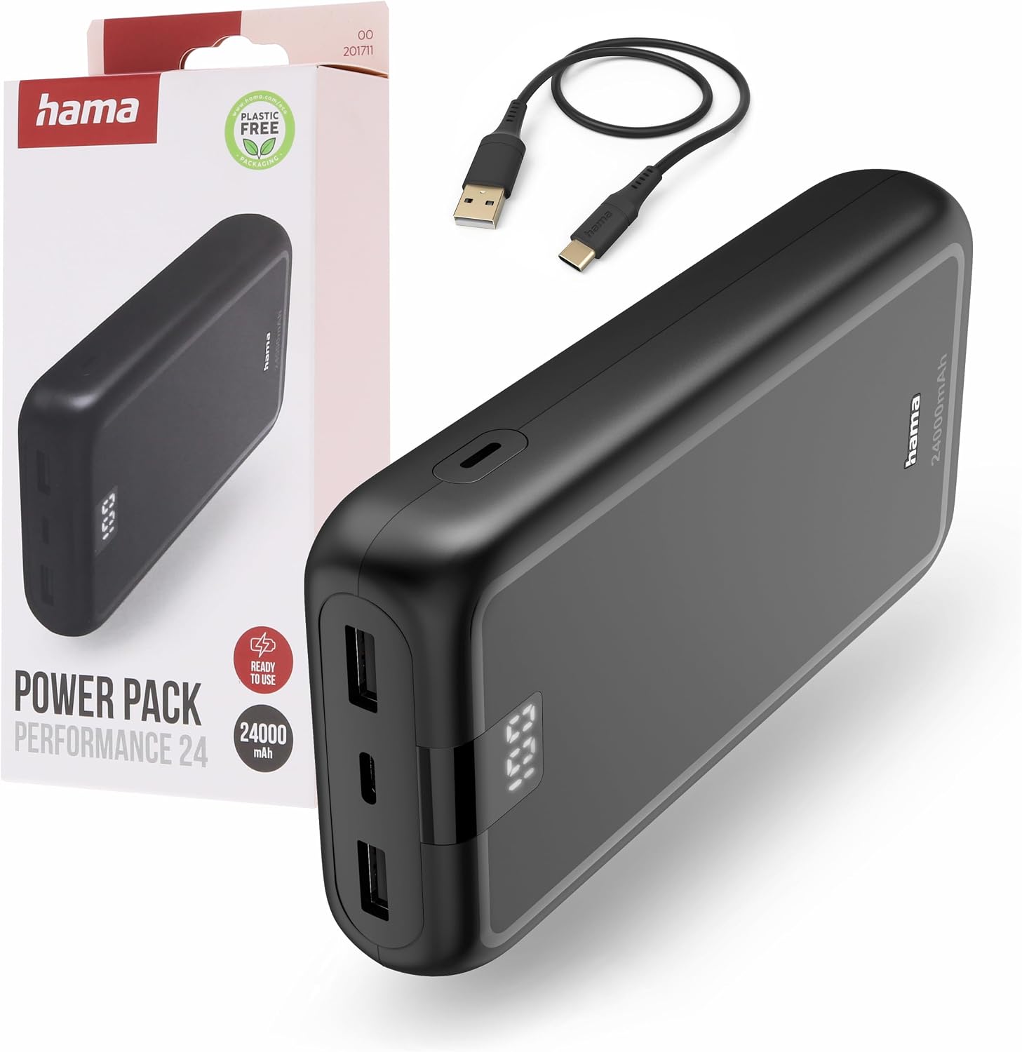 شاحن Hama 201711 Performance 24 المحمول بسعة 24000mAh، و3 مخارج – USB-C + 2× USB-A، بسعة عالية، ومؤشر بطارية LED – أنثراسيت