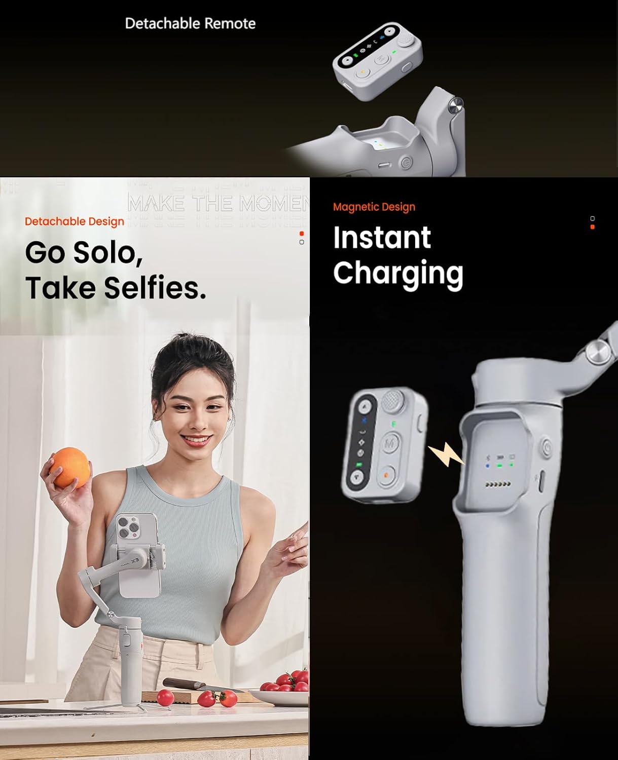 Hohem iSteady X3 مثبت هاتف ذكي للسفر بثلاثة محاور – قابل للطي، جهاز تحكم عن بعد قابل للفصل، إضاءة تعبئة مغناطيسية، عصا قابلة للتمديد، بطارية تدوم 11 ساعة