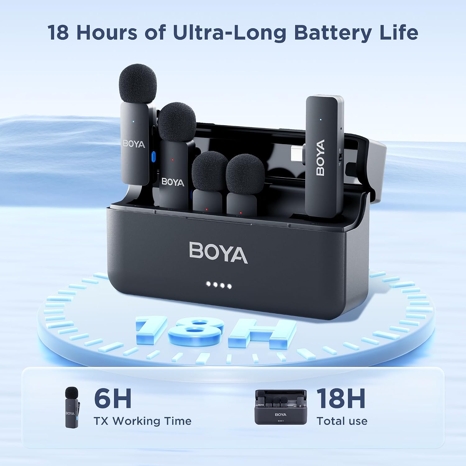 نظام ميكروفون لافالير لاسلكي BOYA BY-V4U بأربع قنوات، 4 أجهزة إرسال + مستقبل USB-C | مدى 200m | إلغاء الضوضاء بنقرة واحدة | صوت بجودة 48kHz/16-bit، بطارية تدوم 18H مع علبة شحن، لأجهزة Android المزودة بمنفذ USB-C وiPhone 15/16/17 – أسود