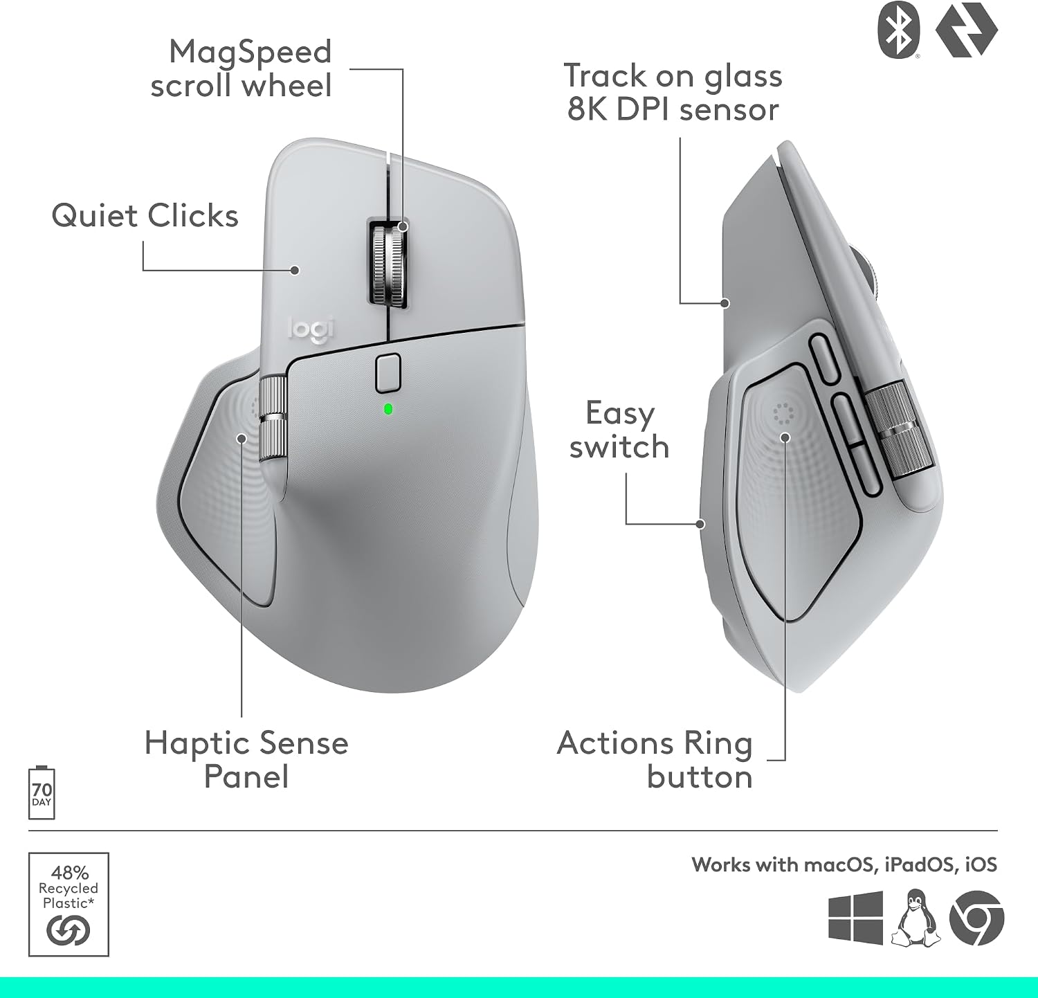 ماوس Logitech MX Master 4 اللاسلكي المتطور، ردود فعل لمسية قابلة للتخصيص، اختصارات حلقة الإجراءات، مستشعر Darkfield بدقة 8,000 نقطة لكل بوصة، تمرير MagSpeed، Bluetooth وLogi Bolt، رمادي فاتح