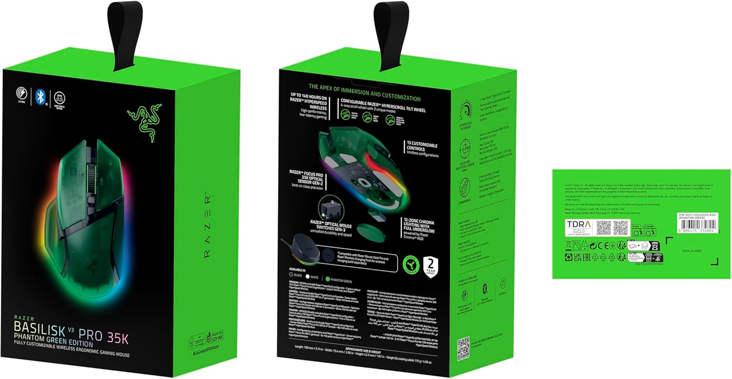 Razer Basilisk V3 Pro 35K Wireless Gaming Mouse – 35,000 DPI Focus Pro Sensor, Chroma RGB, 11 Buttons, Multi-Mode Connectivity