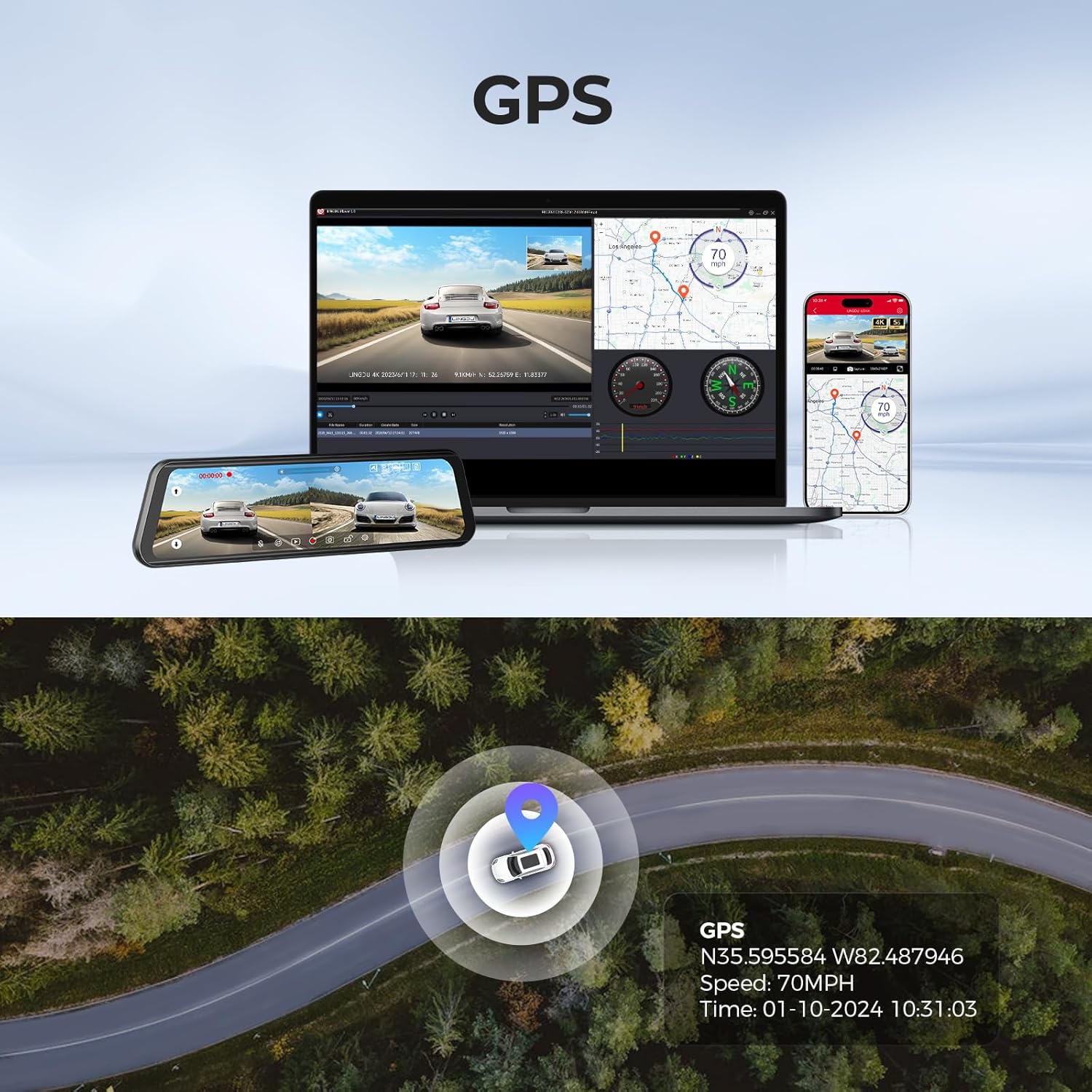 Lingdu 12" 4K Rear View Mirror Dash Cam – Dual Front & Rear (4K+1080P), 5G WiFi, GPS, Voice Control, 64GB Card Included, Loop Recording, G-Sensor, WDR Night Vision, 24H Parking Mode