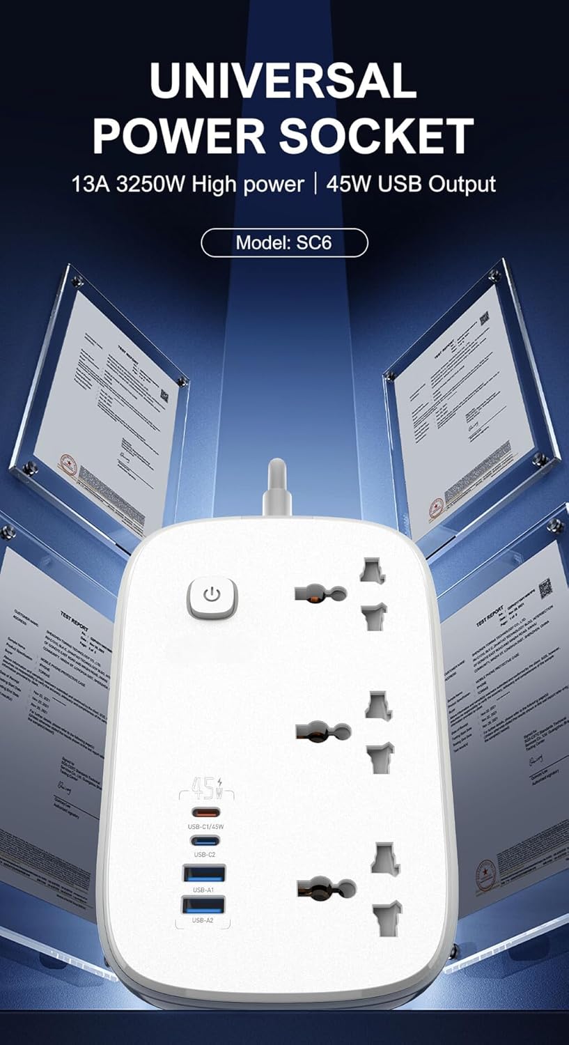 LDNIO SC6 Smart Power Strip 45W with 3 Universal Outlets & 4 USB Ports (USB-C PD) | 3250W Extension Socket, 2M Cable, Fast Charging, Multi-Protection, White
