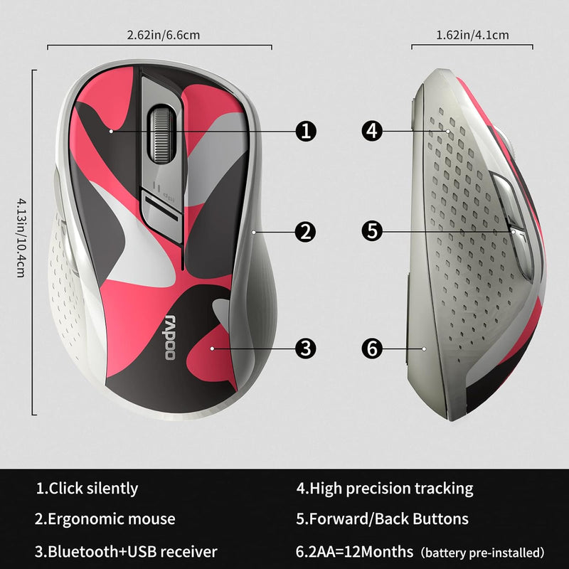 Rapoo M500 Silent Multi-mode Wireless Mouse – Bluetooth 3.0/4.0/5.0 & 2.4GHz, Adjustable 600–1600 DPI, Silent Clicks, 6 Buttons, 12-Month Battery Life
