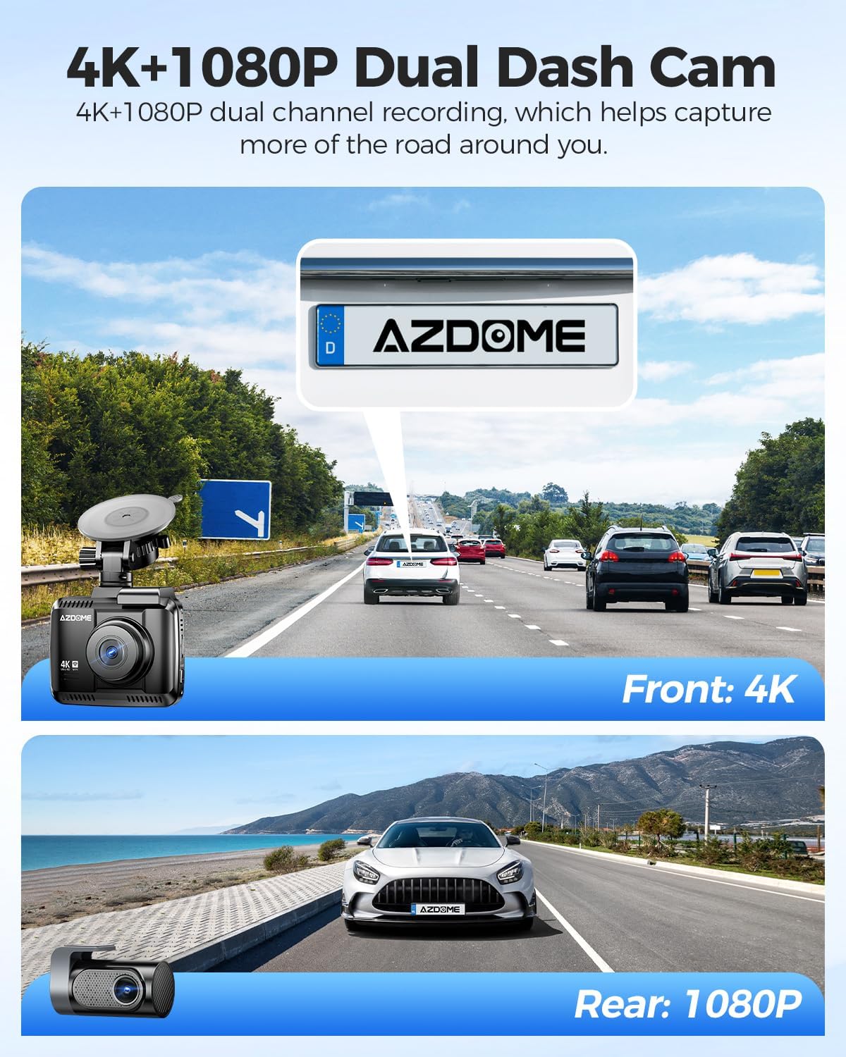 AZDOME GS63H Pro 4K Dual‑Channel Dash Cam – Front 4K + Rear 1080p, Sony IMX335 WDR, GPS, Wi‑Fi 6, ADAS, 24‑hr Parking Mode, 2.4″ IPS Screen