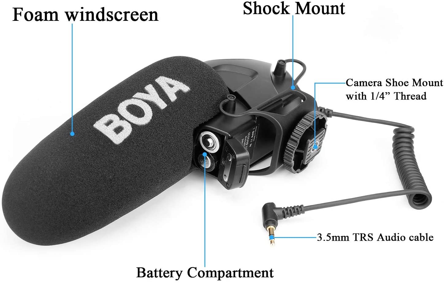 ميكروفون BOYA BY-BM3031 Super-Cardioid مثبت على الكاميرا - مكسب 3 مواضع، مرشح تردد عالي 80 هرتز، مقبس سماعة رأس، حامل للصدمات