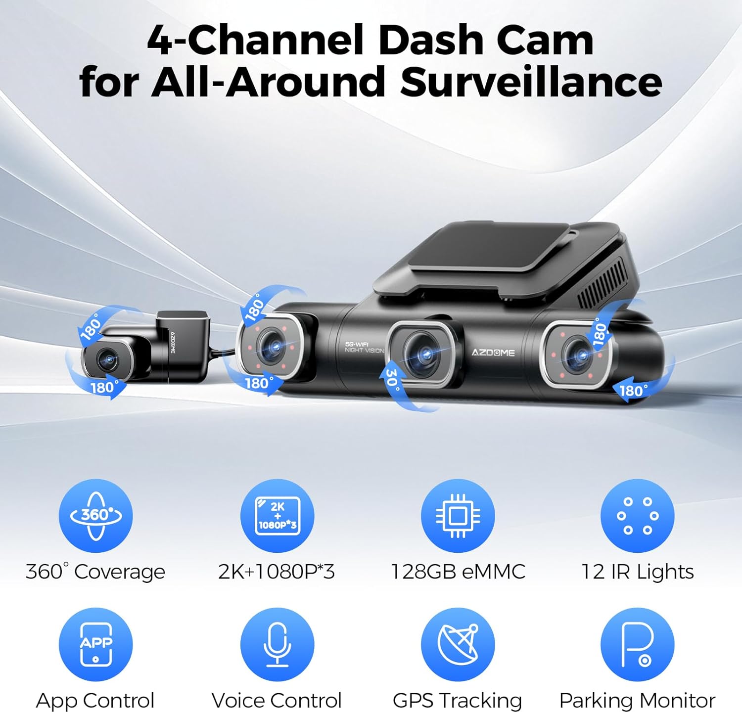 AZDOME M660 360° 4-Channel Dash Cam – 2K Front, 1080P Rear/Inside/Left/Right, Built-in 128GB eMMC, 5G WiFi, Voice Control, 4 Adjustable Lenses, IR Night Vision