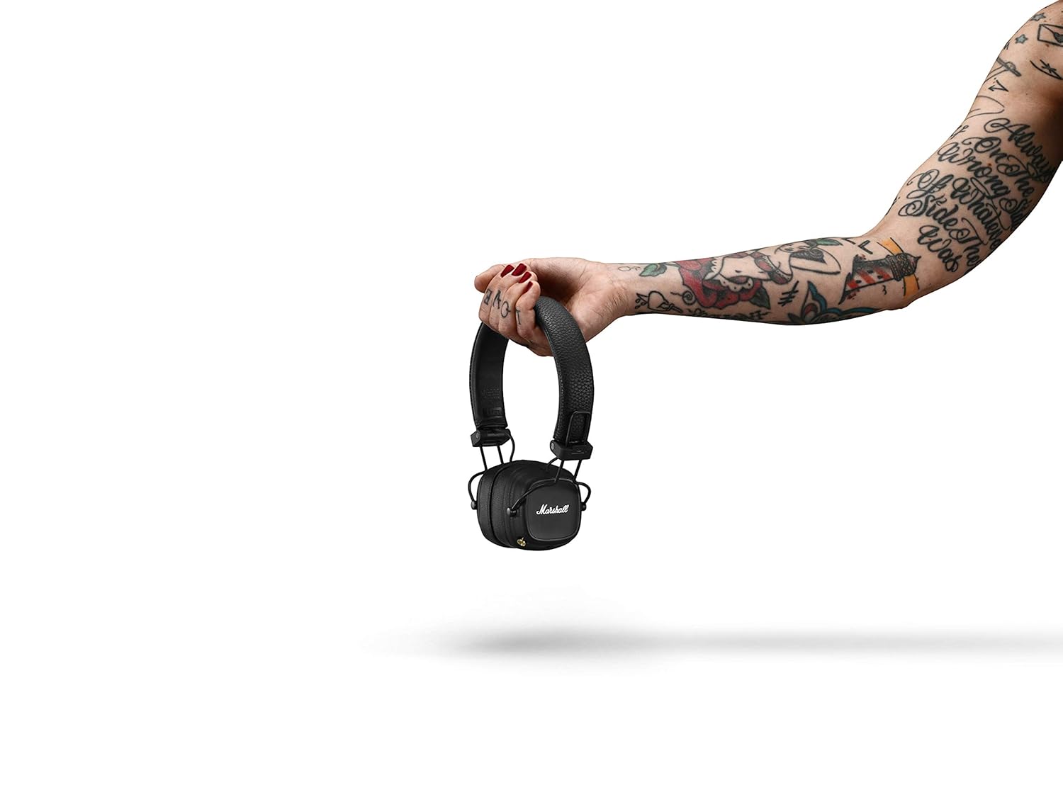 Marshall Major IV Wireless On-Ear Bluetooth Headphones , 80+ Hours Playtime , Wireless Charging , 40mm Dynamic Drivers , Bluetooth 5.0 & 3.5mm Wired Mode , Built-in Microphone , Foldable Design , Black