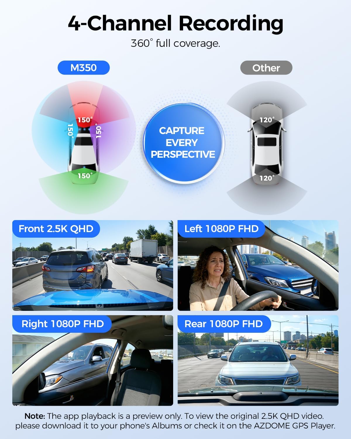 AZDOME M350 4-Channel 360° Dash Cam, 2.5K Front + 1080P Rear & Inside Cameras, GPS, Wi-Fi, IR Night Vision, Voice Control, Supercapacitor, Apple CarPlay Support