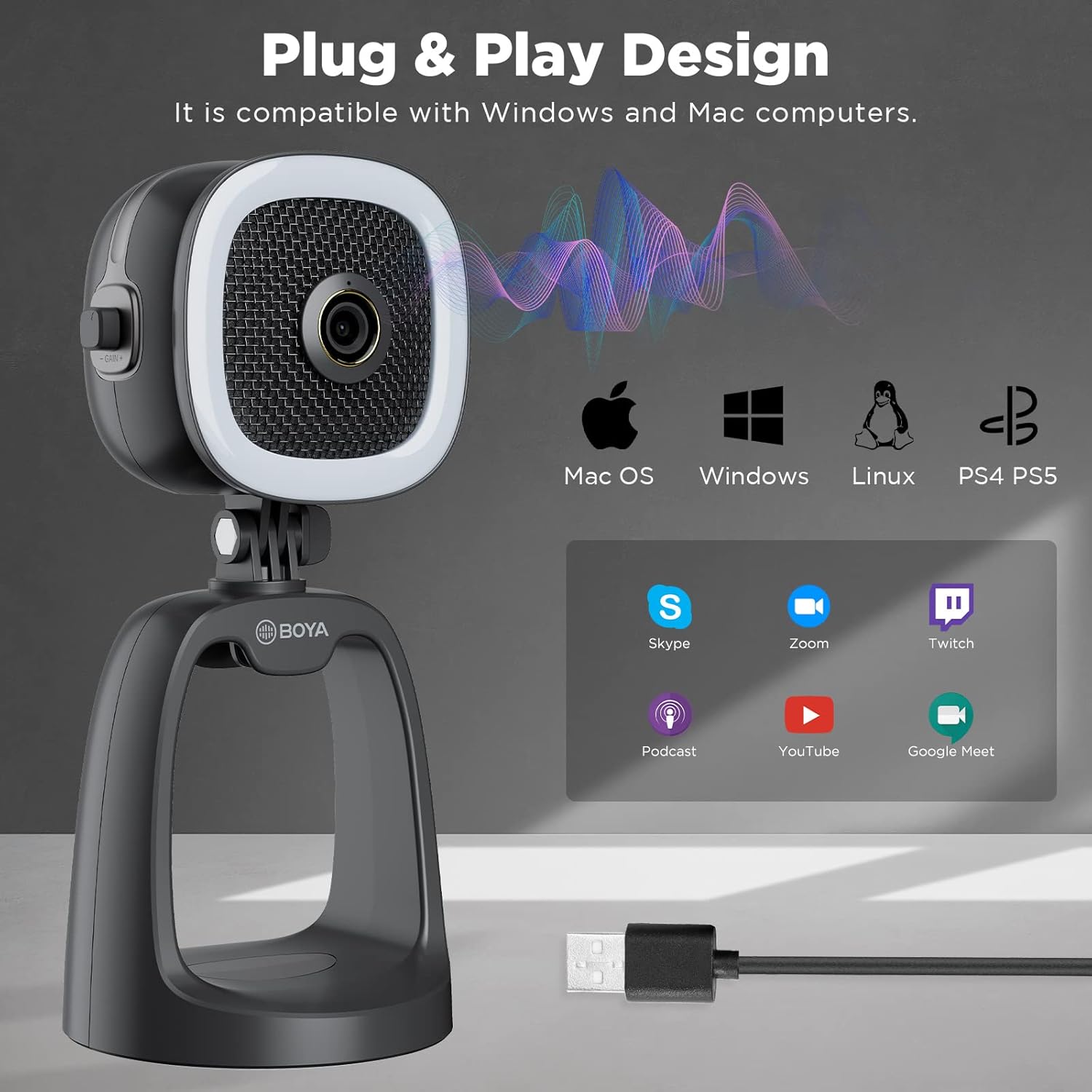 كاميرا ويب BOYA BY-CM6B 4K USB مزودة بميكروفون مدمج وإضاءة LED قابلة للتعديل - توصيل وتشغيل للبث ومكالمات الفيديو وإنشاء المحتوى