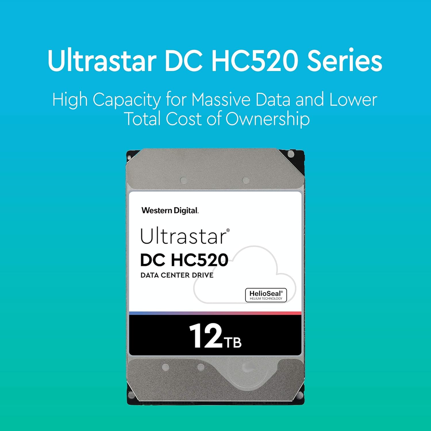 قرص صلب داخلي WD Ultrastar DC HC520 بسعة 12 تيرابايت، مقاس 3.5 بوصة، سرعة 7200 دورة في الدقيقة، واجهة SATA بسرعة 6 جيجابت/ثانية، ذاكرة تخزين مؤقت 256 ميجابايت، تخزين مركز بيانات مملوء بالهيليوم، الطراز HUH721212ALE600