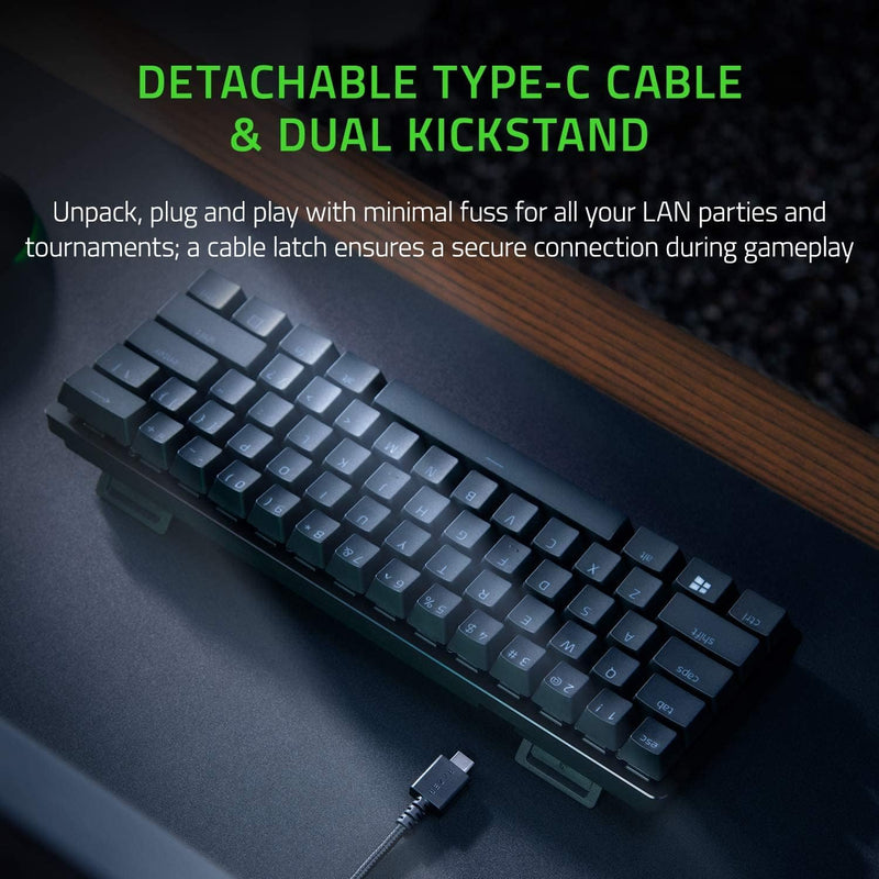 لوحة مفاتيح الألعاب Razer Huntsman Mini 60%، مفتاح أرجواني، مفاتيح بصرية ميكانيكية، أغطية مفاتيح Doubleshot PBT، كابل USB-C قابل للفصل، تخطيط أمريكي - أسود