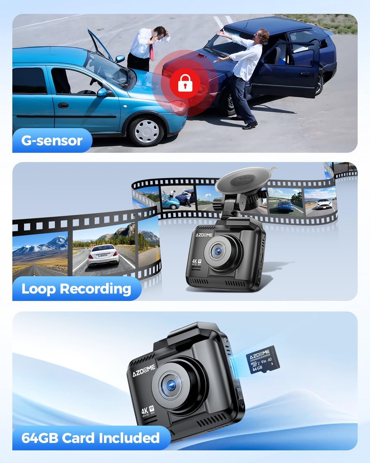 AZDOME GS63H Pro 4K Dual‑Channel Dash Cam – Front 4K + Rear 1080p, Sony IMX335 WDR, GPS, Wi‑Fi 6, ADAS, 24‑hr Parking Mode, 2.4″ IPS Screen