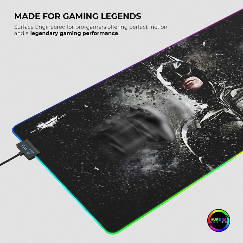 Cybeart | Batman - The Dark Knight Rises RGB Gaming Desk Mat (XXL - 900x400x4mm) | Waterproof, Never Slip Base, RGB LED, Esports Grade