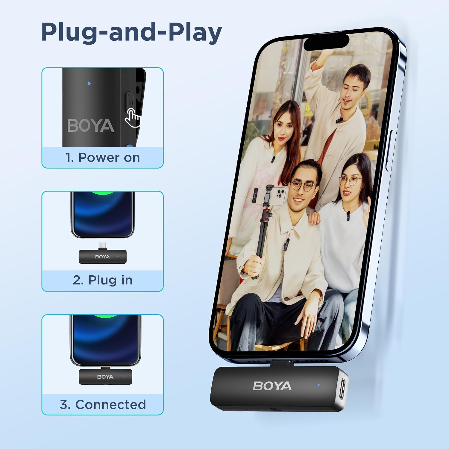 نظام ميكروفون لافالير لاسلكي BOYA BY-V4U بأربع قنوات، 4 أجهزة إرسال + مستقبل USB-C | مدى 200m | إلغاء الضوضاء بنقرة واحدة | صوت بجودة 48kHz/16-bit، بطارية تدوم 18H مع علبة شحن، لأجهزة Android المزودة بمنفذ USB-C وiPhone 15/16/17 – أسود
