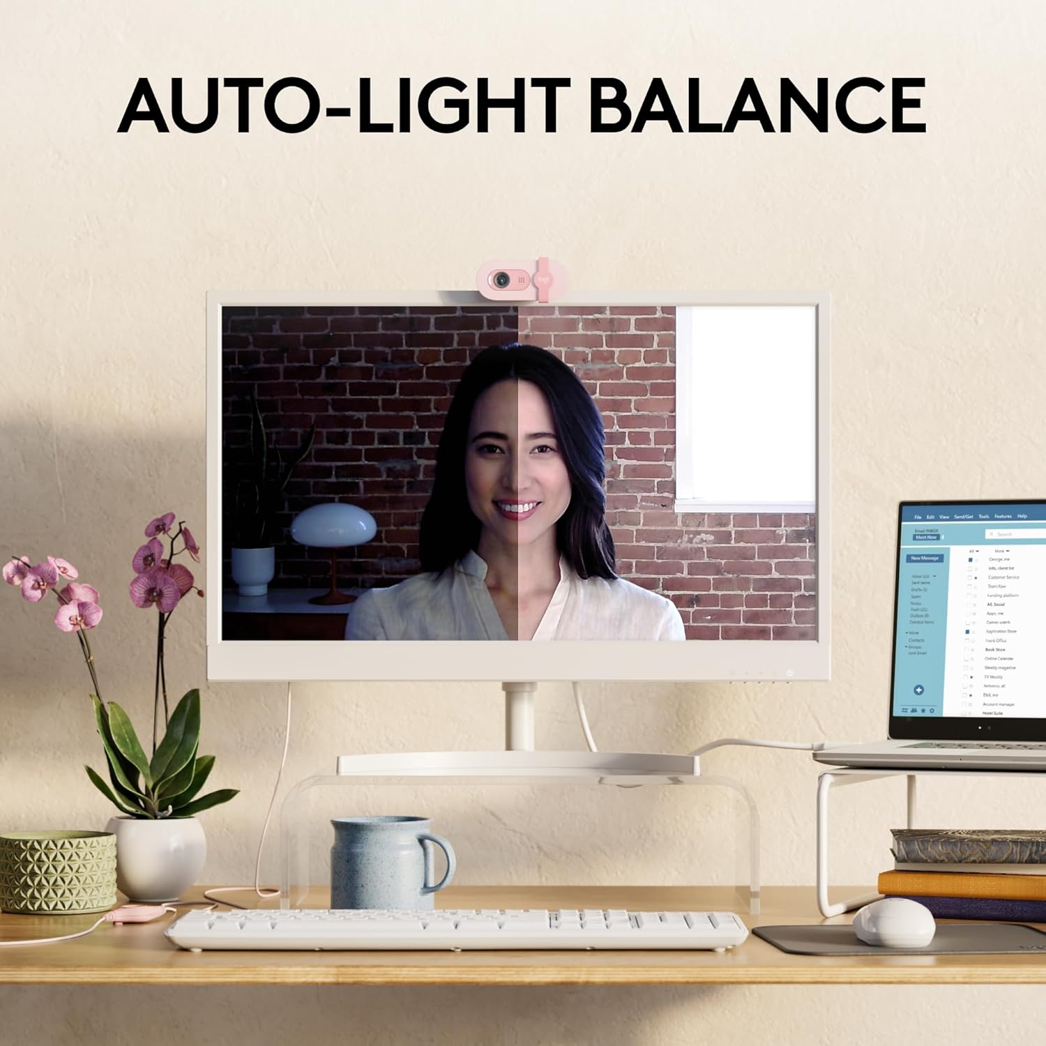 Logitech Brio 100 Full HD 1080p Webcam, Auto-Light Balance, Built-in Mic, Privacy Shutter, USB-A – Rose