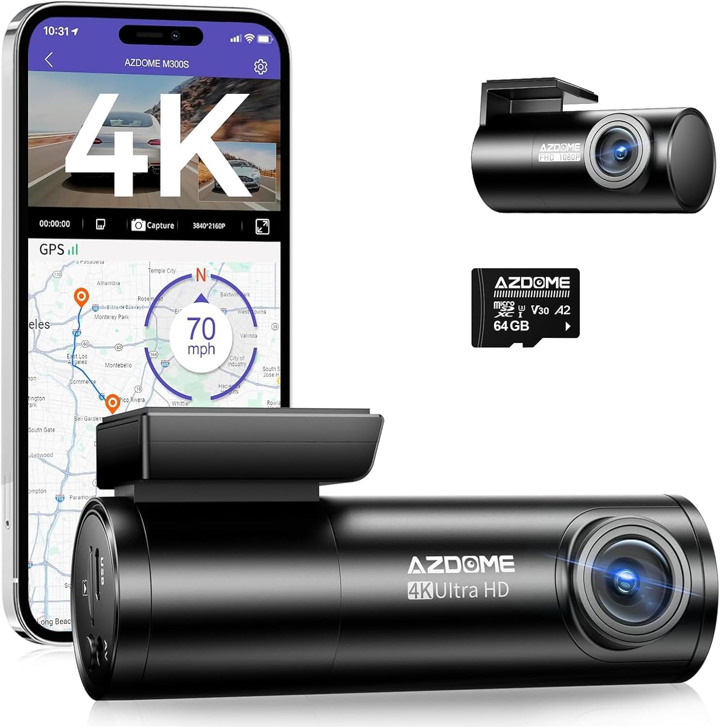 AZDOME M300S 4K Dash Cam Front and Rear – 5.8G WiFi, GPS, 170° Wide Angle, 64GB SD Card Included, Voice Control, Night Vision, G-Sensor, 24H Parking Monitor, Supports up to 256GB