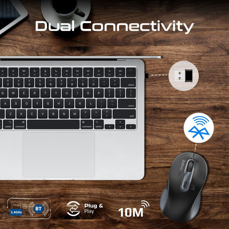 Promate Wireless Mouse, Ergonomic Ambidextrous Wireless Mice with Dual Mode Connectivity, Bluetooth v5.3, 2.4Ghz Transmission, Adjustable 1600DPI, 150H Working Time, Ken