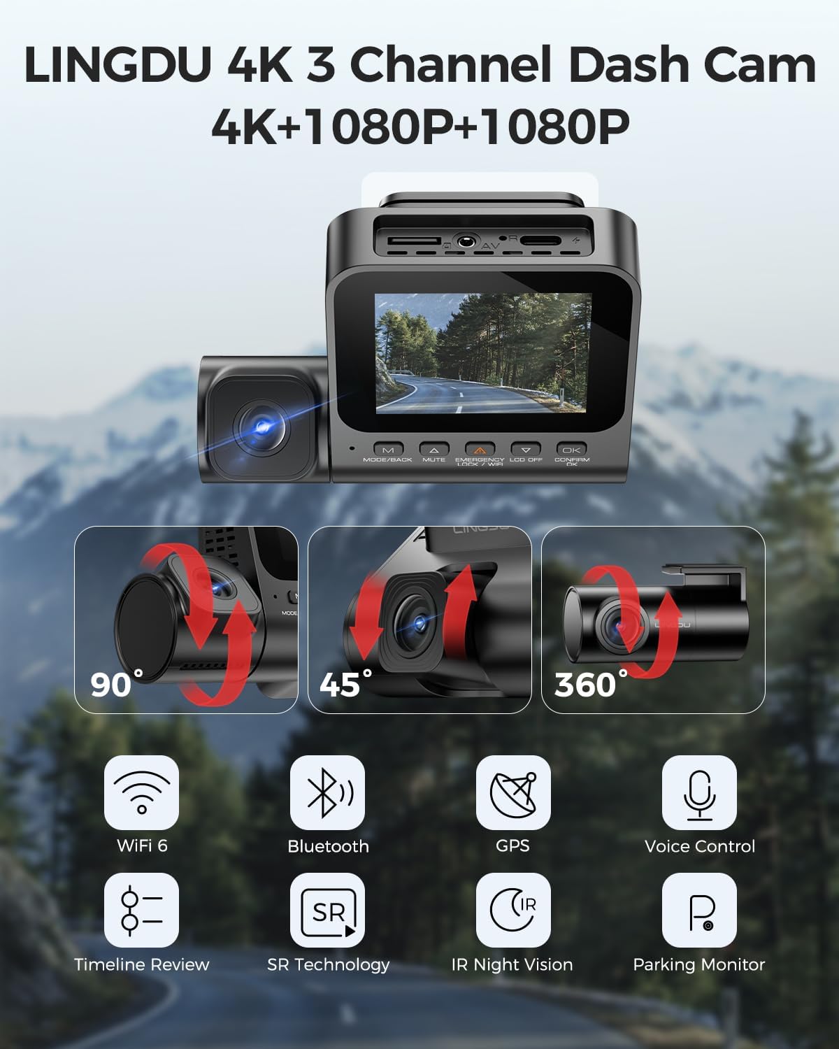 كاميرا داش لينغدو V630 بثلاث قنوات بدقة 4K، كاميرا أمامية 4K + كاميرتان خلفيتان بدقة 1080 بكسل، واي فاي 6 ونظام تحديد المواقع GPS، رؤية ليلية WDR، وضع وقوف السيارات 24 ساعة، بطاقة 64 جيجابايت مرفقة.