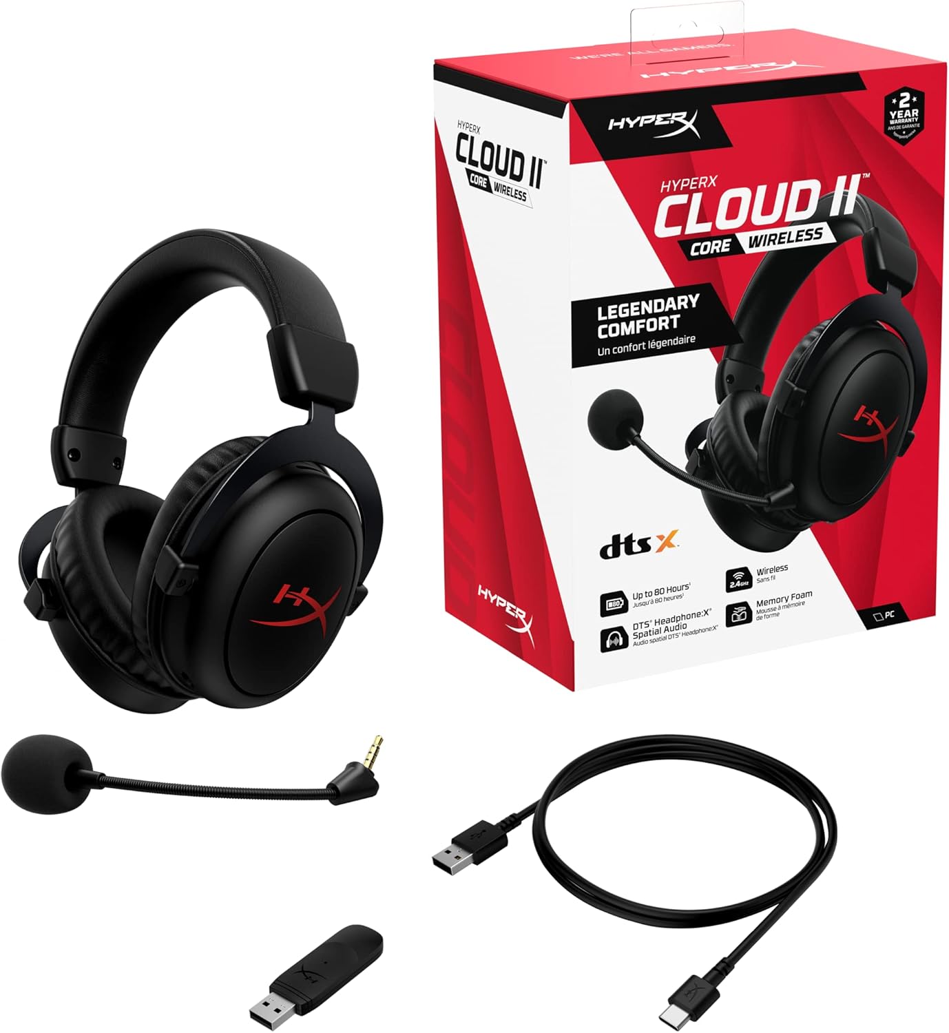 HyperX Cloud II Core Wireless Gaming Headset – 80-Hour Battery, DTS:X Spatial Audio, 53mm Drivers, Noise-Canceling Mic