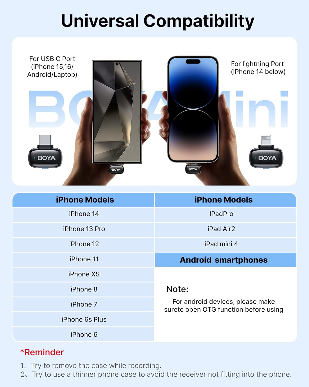 BOYA Mini Wireless Microphone for iPhone, Android, PC & Tablets – USB-C/Lightning, MFi Certified, Noise Reduction, AI Voice Changer, 30h Battery with Charging Case