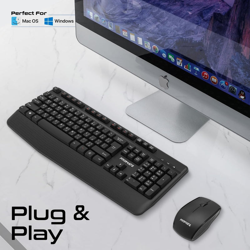 Promate Wireless Keyboard and Mouse Combo, 2.4GHz Wireless with Built-In Palm Rest, Multi-Grip 1200 DPI Mouse, Nano USB Receiver