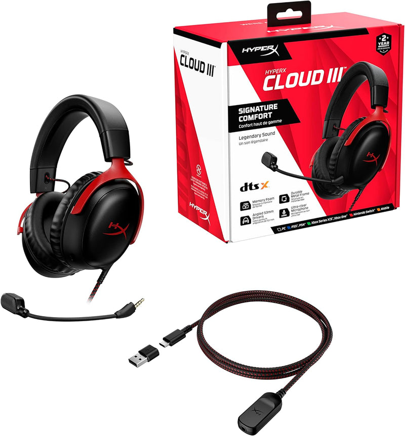 HyperX Cloud III – Wired Gaming Headset, PC, PS5, Xbox Series X|S, Angled 53mm Drivers, DTS, Memory Foam, Durable Frame, Ultra-Clear 10mm Mic, USB-C, USB-A, 3.5mm – Black/Red