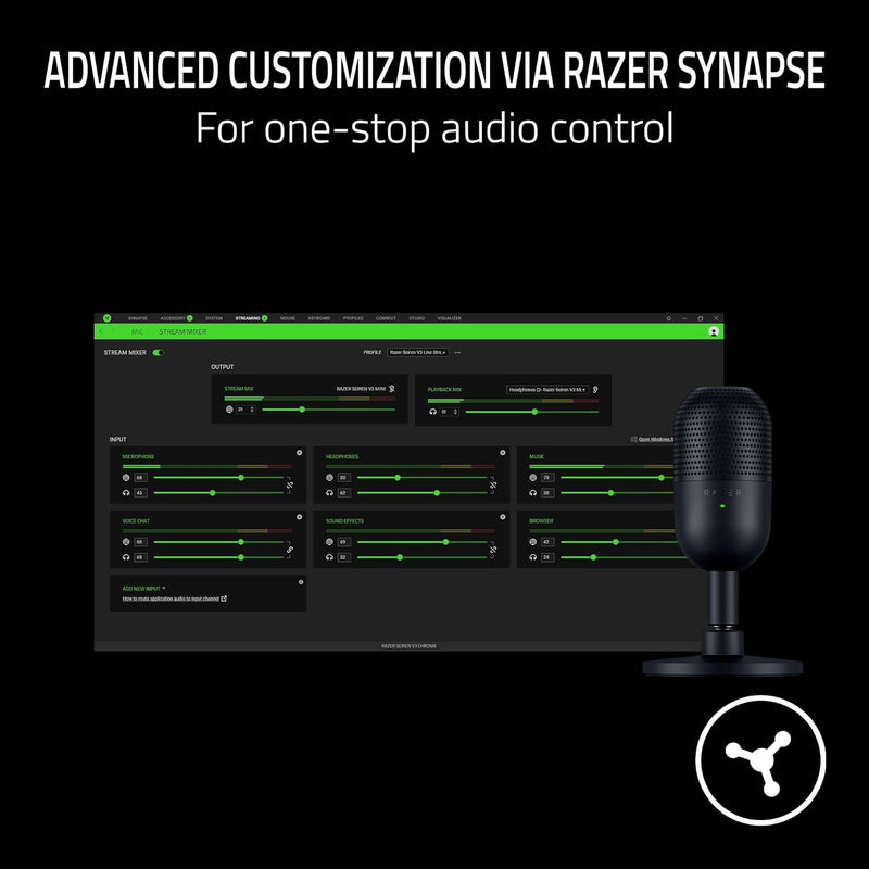 ميكروفون USB صغير Razer Seiren V3: ميكروفون مكثف - نمط التقاط فائق القلب - مستشعر النقر لكتم الصوت مع مؤشر LED - ممتص الصدمات - صغير الحجم للغاية - الكمبيوتر الشخصي، Discord، OBS Studio، XSplit - أسود