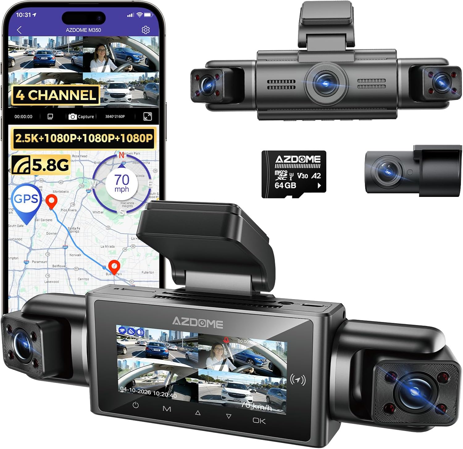 AZDOME M350 4-Channel 360° Dash Cam, 2.5K Front + 1080P Rear & Inside Cameras, GPS, Wi-Fi, IR Night Vision, Voice Control, Supercapacitor, Apple CarPlay Support