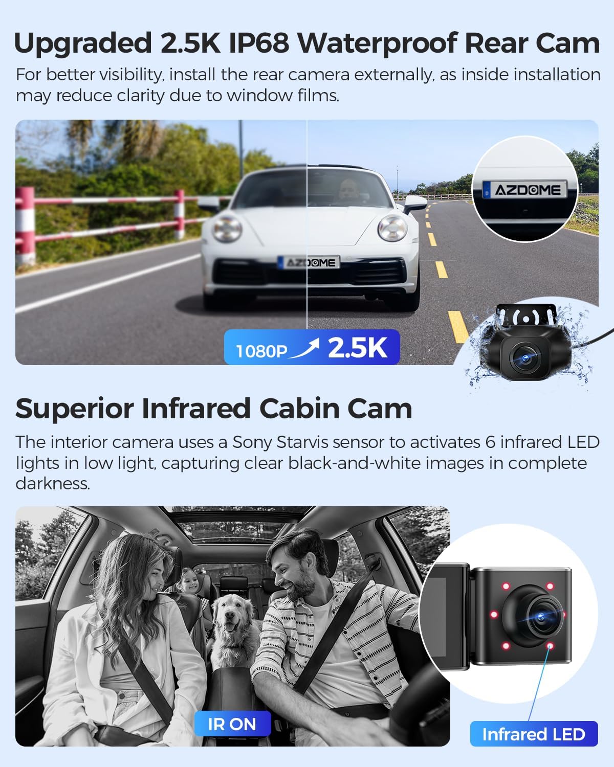 AZDOME M550 Max كاميرا داش 3 قنوات بدقة 4K – أمامية وخلفية وداخلية (4K+2.5K+1080P)، مستشعرات STARVIS مزدوجة، WiFi وGPS، رؤية ليلية بالأشعة تحت الحمراء، وضع وقوف السيارات 24 ساعة، بطاقة 64 جيجابايت مرفقة